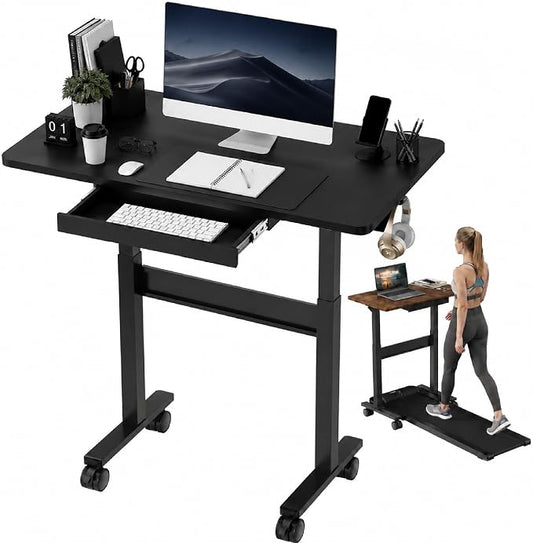 Standing Desk for Walking Pad with Wheels, Pneumatic Cordless Height Adjustable Rolling Desk, Mobile Computer Workstation with Drawer Hook Locking Casters for Treadmill & Home Office, Black