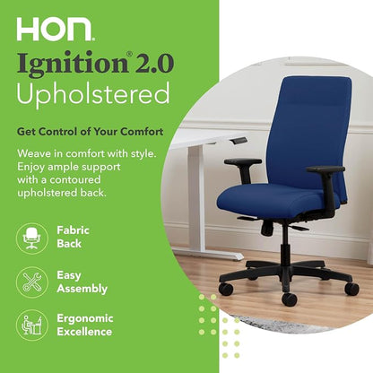 HON Ignition 2.0 Ergonomic Office Chair with Adjustable Arms, Standard Synchro‑Tilt Recline, Upholstered Desk and Computer Chair for Home Office or Workstation, Black Frame, Indigo