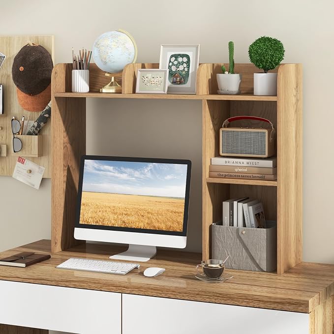GOFLAME 5 Shelves Desktop Bookshelf, Wood Desk Hutch Dorm for Computer Desk, Countertop Display Rack, 3-Tier Desk Storage Organizer Shelf for Dormitory, Home Office, Study, Natural