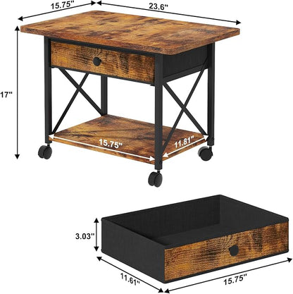 EasyCom 23.6" x 15.7" Under Desk Printer Stand with Storage Drawer, 2-Tier Shelf Desktop Printer Table for Desk with Wheels, Large Rolling Cart for Home Office Fits 3D Printer Scanner Rustic Brown
