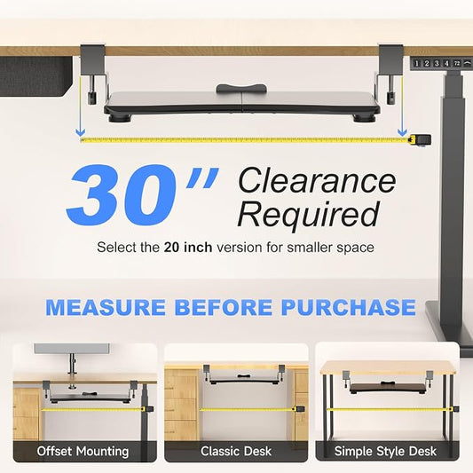 suptek Keyboard Tray Under Desk Pull Out with C Clamp Mount, Computer Keyboard & Mouse Tray, 25.6 (30 Including Clamps) x 11.8 inch Slide-Out Platform Computer Drawer for Typing, Black, DSF1