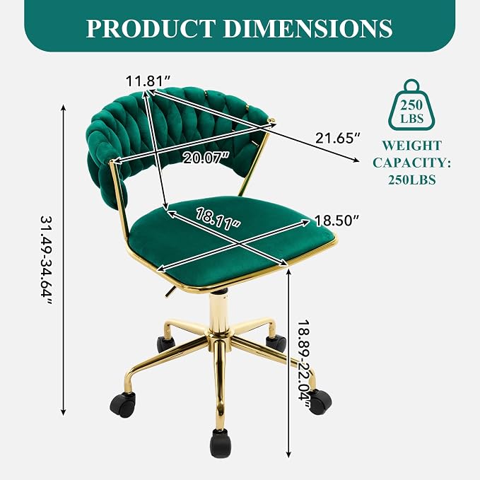 NIOIIKIT Home Office Chair, Velvet Upholstered Task Chair with Woven Open Back, 360° Swivel Desk Chair with Wheels, Adjustable Vanity Chair, Computer Chair for Office, Studio (Emerald)