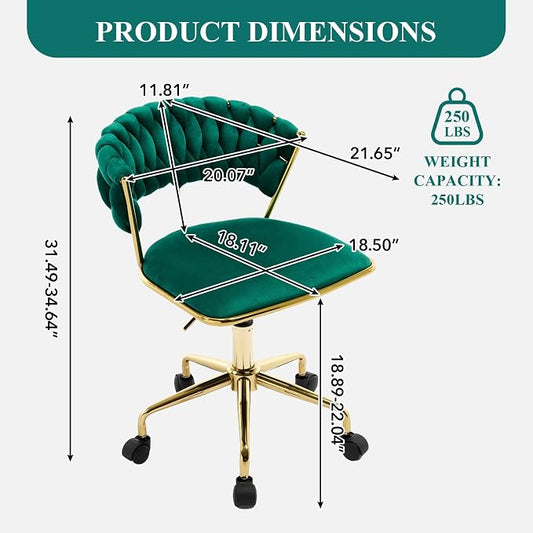 NIOIIKIT Home Office Chair, Velvet Upholstered Task Chair with Woven Open Back, 360° Swivel Desk Chair with Wheels, Adjustable Vanity Chair, Computer Chair for Office, Studio (Emerald)