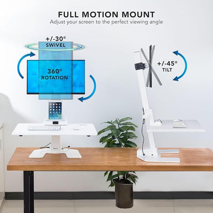 Mount-It! Electric Standing Desk Converter, Adjustable Tabletop Sit Stand Desk Riser with Single Monitor Mount for Monitors up to 32", Freestanding 28" Wide Platform Rises up to 20.75" White