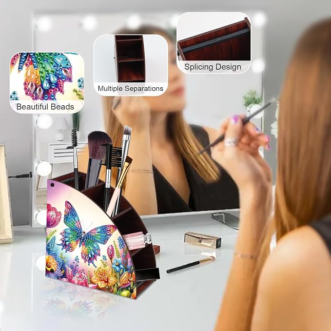 DIY Diamond Painting Storage Box with 4 Compartments, Butterfly-Themed Diamond Art Curved Wooden Organizer for Remote Controllers, Office Supplies, Makeup Brush, Media Accessories