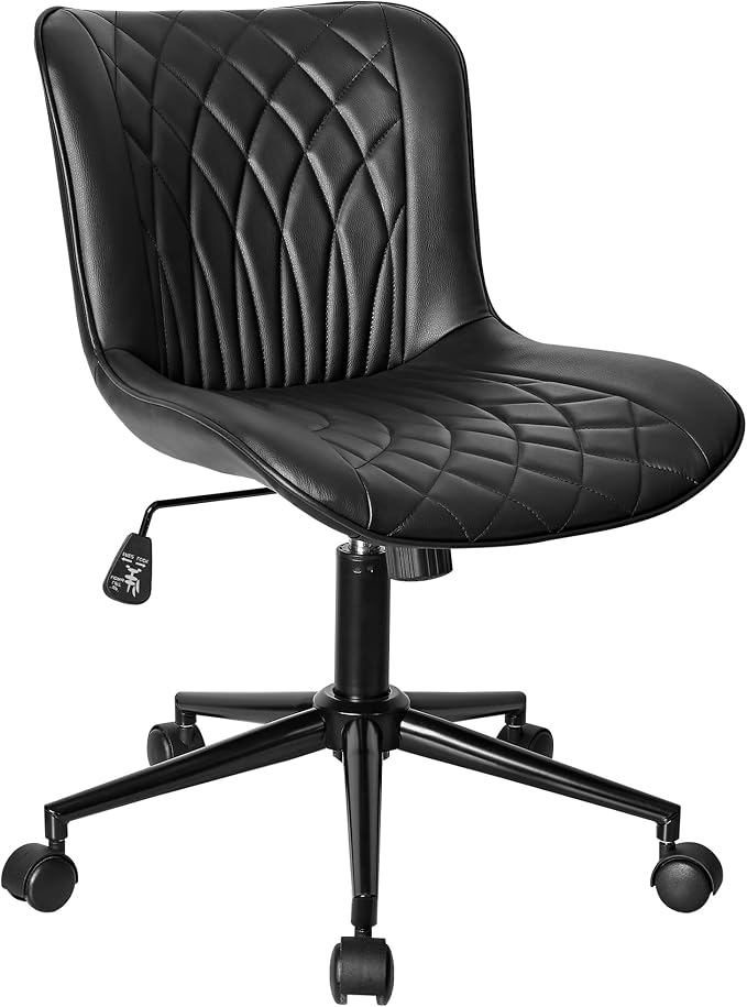 VECELO Mid-Back Desk Chair with Adjustable Height, PU Leather Makeup Vanity Chair with Wheels, Armless Space-Saving Task Chair, for Home Office, Black