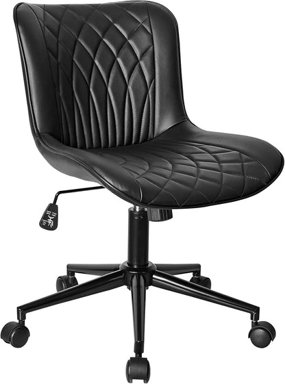 VECELO Mid-Back Desk Chair with Adjustable Height, PU Leather Makeup Vanity Chair with Wheels, Armless Space-Saving Task Chair, for Home Office, Black