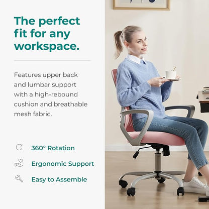 OLIXIS Home Office Chair, Mid Back Computer Ergonomic Mesh Desk with Large Seat, Executive Height Adjustable Swivel Task with Lumbar Support and Armrest, for Adults, Pink
