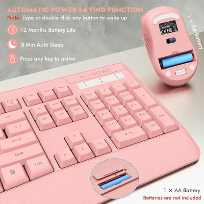 Wireless Keyboard and Mouse Combo, E-YOOSO 2.4GHz Full Sized Ergonomic Wireless Keyboard with Wrist Rest, 3 DPI Adjustable and 6 Buttons Cordless USB Mouse for Computer, Laptop, PC, Windows (Pink)