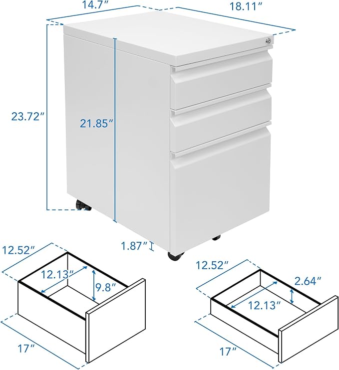 Mount-It! 3 Drawer File Cabinet with Lock and Wheels, Under Desk Storage Filing Pedestal for Home Office, No Assembly Small Rolling File Cabinet for Legal, Letter, and A4 Files in White