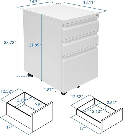 Mount-It! 3 Drawer File Cabinet with Lock and Wheels, Under Desk Storage Filing Pedestal for Home Office, No Assembly Small Rolling File Cabinet for Legal, Letter, and A4 Files in White