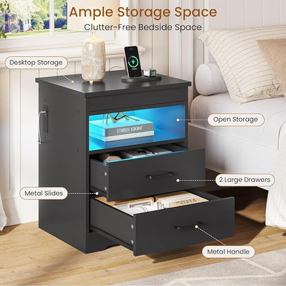 DICTAC Nightstand with Charging Station and LED Lights, Bedside Table with Lockable Sliding Desktop, Modern Night Stand with Storage Drawers and Open Shelf, End Side Table for Bedroom, Home Office