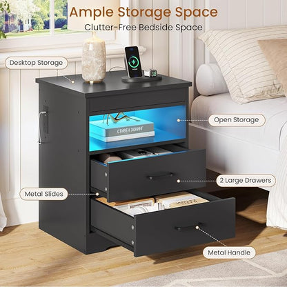 DICTAC Nightstand Set of 2 with Charging Station and LED Lights, Bedside Table with Lockable Sliding Desktop, Modern Night Stand with Storage Drawers and Open Shelf, End Table for Bedroom, Home Office