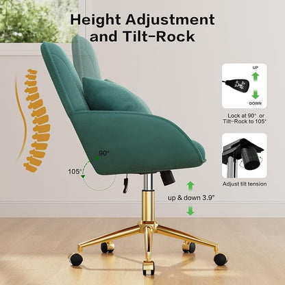 Home Office Desk Chair Comfy with Adjustable Swivel Wheels, Modern Velvet Makeup Vanity Chair with Back & Pillow, Ergonomic Office Chair Computer Task Chair for Living Room, Bedroom, Green