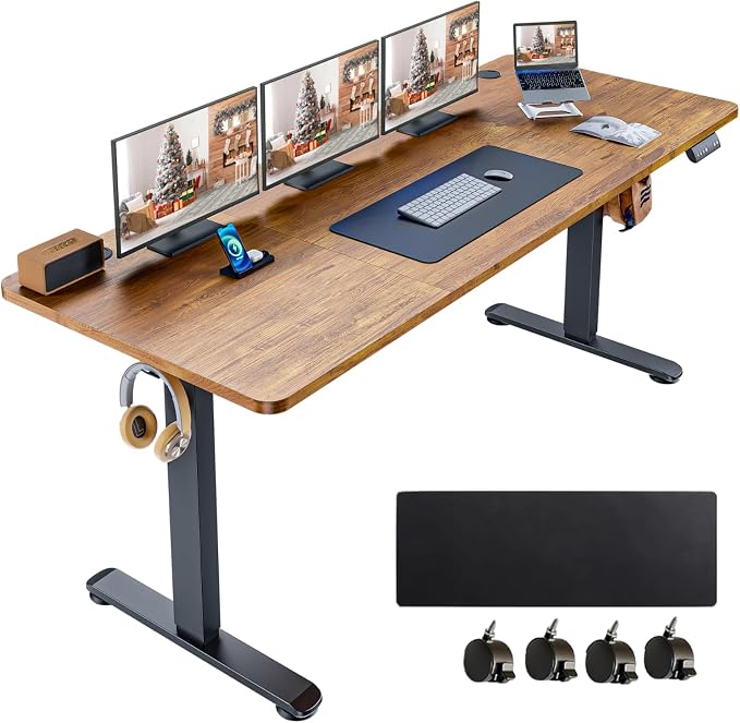 Electric Standing Desk 70 x 27 Inches Adjustable Height Sit Stand Up Desk for Home Office Computer Desk Memory Preset with Wheels, Brown
