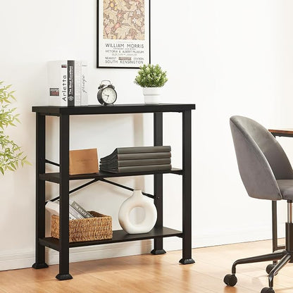 HOMBAZAAR 3 Tier Bookshelf,Black Industrial Book Shelf,Engineered Wood and Metal Small Bookcases,Low Shelf Bookcase for Living Room,Office,Bedroom and Kitchen