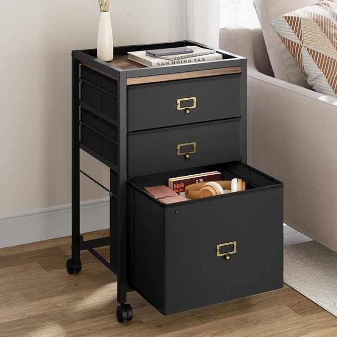 Garvee File Cabinet with 3 Drawers, Mobile Filing Cabinet Fits Letter Size or A4, Fabric Vertical File on Wheels, Home Office Small Under Desk Filing Storage Cabinets, Black