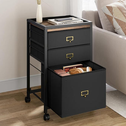 Garvee File Cabinet with 3 Drawers, Mobile Filing Cabinet Fits Letter Size or A4, Fabric Vertical File on Wheels, Home Office Small Under Desk Filing Storage Cabinets, Black