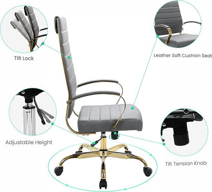 LeisureMod Modern High-Back Leather Office Chair - Swivel & Adjustable Executive Desk Chair with Gold Frame, Ergonomic Design for Home & Office (Grey, Single)