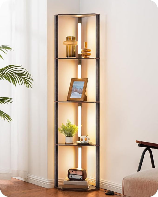 EDISHINE 64" Corner Shelf Floor Lamp for Living Room, Modern LED Corner Light with Shelves, 3CCT, Stepless Dimmable Tall Floor Light for Bedroom, Office, Dining Room, 3000K 4000K 5000K, Black Walnut