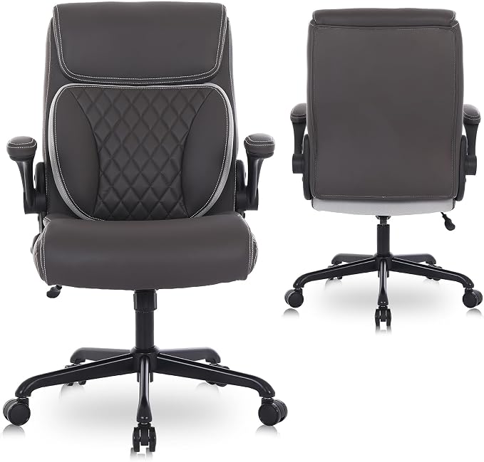 Youhauchair Executive Office Chair, Ergonomic PU Leather Computer Desk Chair with Lumbar Support, Flip-up Armrests and Adjustable Height, for Home Office, Brown