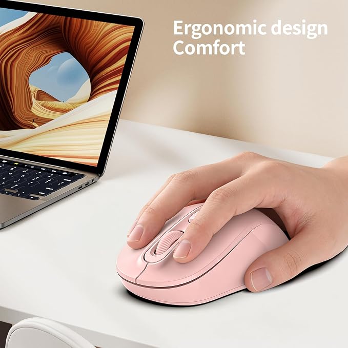 Wireless Mouse, 2026 New Model, Silent Click Ergonomic Design, Portable, 4 Buttons, Adjustable DPI (800/1200/1600), for Laptop/PC/Office (Pink)