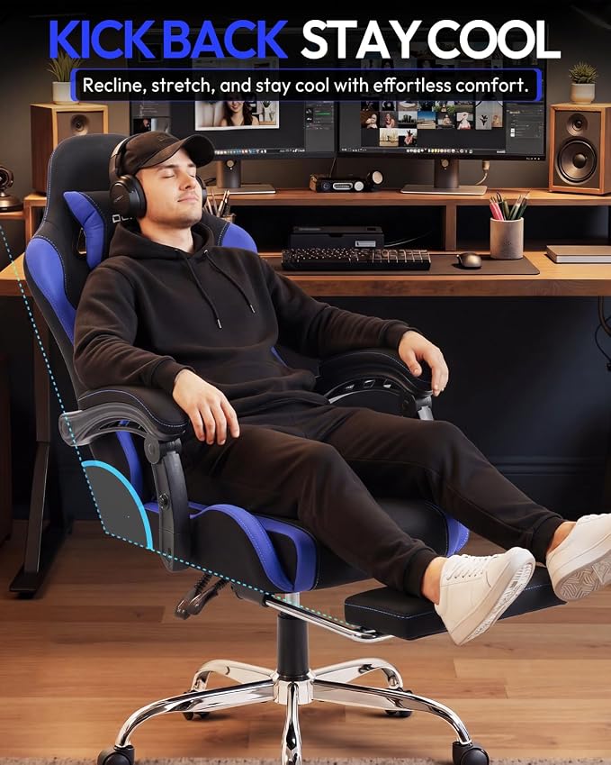 Dowinx Ergonomic Gaming Chair with Footrest & Massage Lumbar, 2D-Linkage Armrests for Computer Chair 330lbs with Headrest Pillow for Office, Home, Streaming and Long Gaming Sessions, Fabric Dark Blue