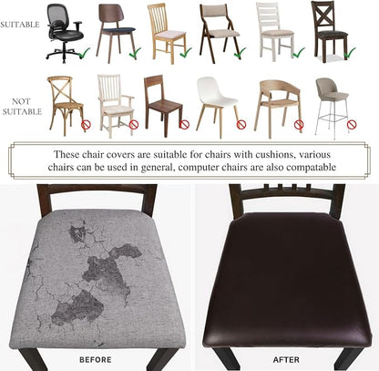 SearchI Waterproof PU Leather Seat Covers for Dining Chairs, 2 Pack Stretch Dining Room Chair Seat Covers, Kitchen Chair Seat Covers Protectors (Deep Brown)