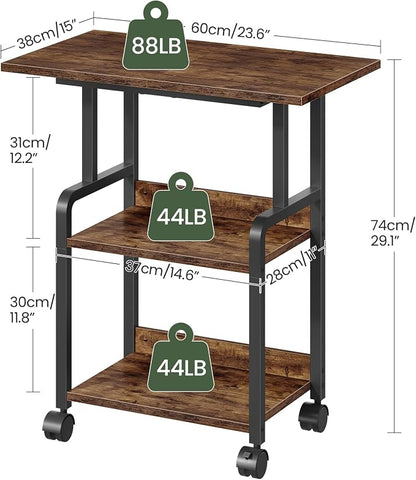 CHOEZON 23.6-in Printer Stand with Storage, 3-Tier Printer Table for Home Office, Printer Cart Under Desk Storage, Suitable for Study, Kitchen, Living Room, Rustic Brown and Black TPS02BF