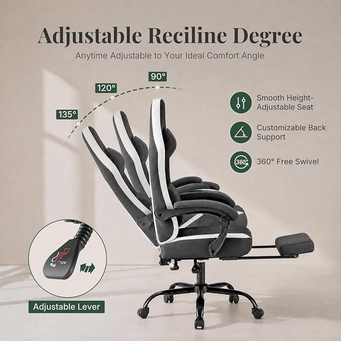 Computer Gaming Chair - High Back Ergonomic Desk Chair with Footrest and Lumbar Support, Height Adjustable Task Chair with Linkage Armrests and Headrest, 360° Swivel Wheels, Black