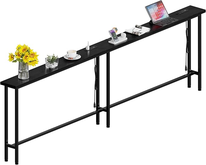 GRLEAF 102" Sofa Table with Built-in Power Strip (4 AC Outlets & 4 USB Ports) – 4.9ft Power Cord, Metal Frame, Easy Assembly, Long Couch Table Behind Sofa, Living Room and Home Office | Black