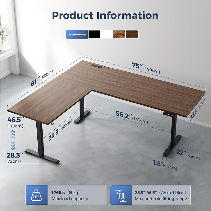 Klicelor L Shaped Standing Desk 75 x 61 Inch,Electric Height Adjustable Corner Desk with Cable Management & Power Outlets, Ergonomic Sit Stand Up Computer Table for Home Office,Dark Walnut