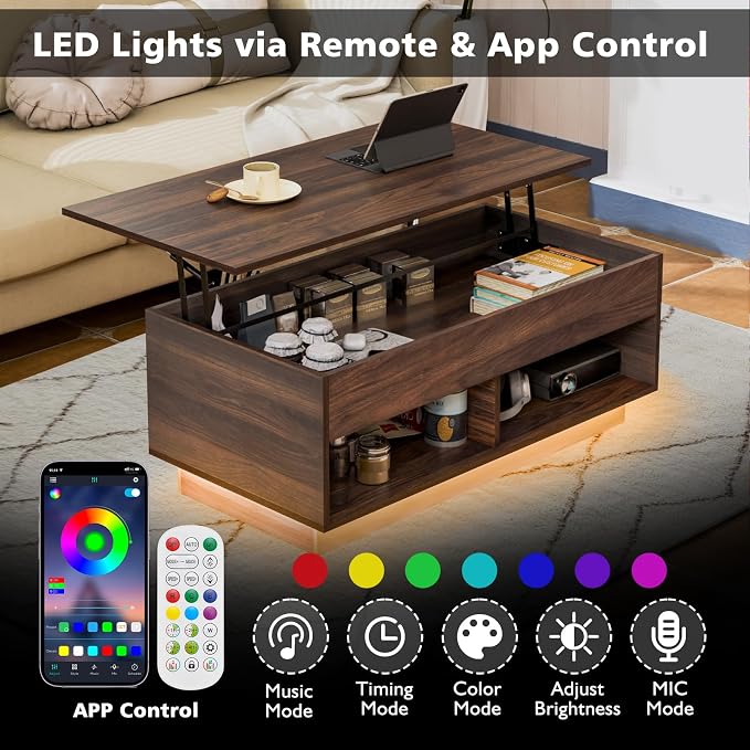 HOMMPA LED Coffee Tables for Living Room, 40 Inch Lift Top Coffee Table with Hidden Storage Mid Century Modern Center Table, Smart Gaming Tea Tables for Home Office Walnut