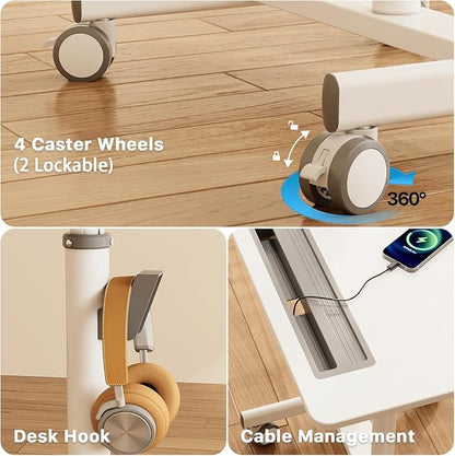 Mobile Standing Desk, 28 inch Rolling Standing Laptop Desk with Cup Holder, Mobile Desk Workstation with Wheels, Portable Computer Desk Cart with Hook for Home Office, White