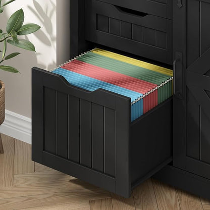 Vabches Lateral File Cabinets with Adjustable Shelf, Farmhouse Filing Cabinet for Home Office, Filing Organization Storage Cabinets with Sliding Barn Door for Hanging Files Letter/A4,Black