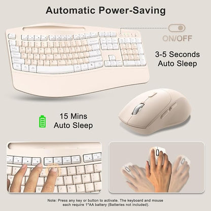 Wireless Keyboard and Mouse Combo, 2.4G Full Size Wave Keys Ergonomic Keyboard with Wrist Rest, Phone Holder, 3-Level DPI Wireless Silent Mouse with 6-Buttons, for Windows (Milk Tea-A)