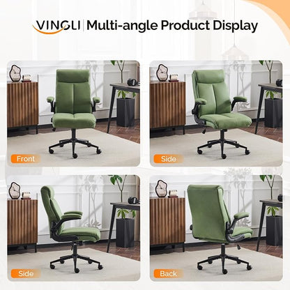VINGLI Rolling Ergonomic Office Desk Chair with Padded Flip-up Arms, 360° Swivel High Back Executive Computer Task Chair with Wheels for Game,Home Small Space, Study Room, Reading Room,Pu Green