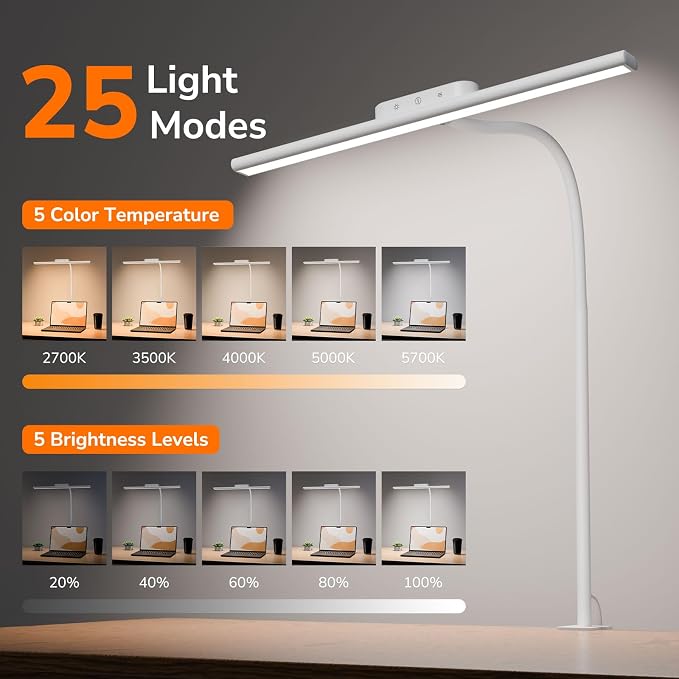 Lepro Led Desk Lamp for Home Office, Metal Architect Lamp with Clamp, 11W 750LM Eye-Caring Task Light, 25 Lighting Modes, Flexible Gooseneck for Monitor, Workbench, Drafting, Crafts, Reading, White