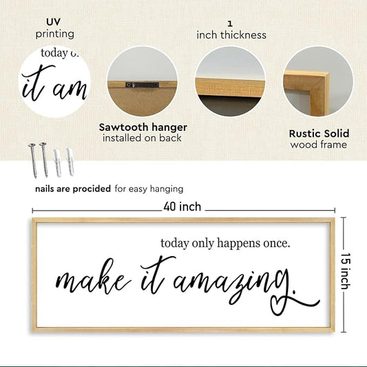 YWJKWLGS Inspirational Quotes Wall Decor Today Only Happens Once Make It Amazing Signs Wall Art 40x15 Inch Large Motivational plaque for Home office kitchen Bedroom Wood Framed Hanging (Wood)