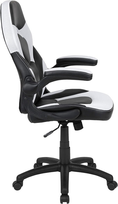 Flash Furniture X10 High-Back LeatherSoft Racing Style Gaming Chair with Flip-Up Arms, Ergonomic Padded Swivel Computer Chair, White/Black
