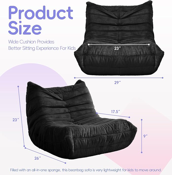 Hobestluk Medium Bean Bag Chair Faux Fur Fabric BeanBag Couch for Playroom | Black Plush,Ergonomic Design,Memory Foam,Strong Supportive,No Assembly Required,Decorative Style for Living Room Bedroom