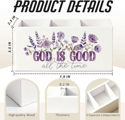 Purple Floral Christian Pen Pencil Holder for Desk, Christian Gifts for Women, God Is Good All the Time Bible Verse Religious Wooden Box Sign Decorations for Home Office Desk Tabletop