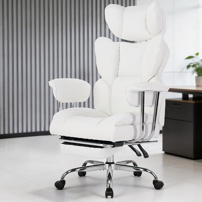 DUMOS Big and Tall Office Chair 400 LBS, Scratch-Resistant PU Leather Executive Office Desk Chair with Footrest, Ergonomic Reclining Computer Chairs with Pocket Spring Support, White