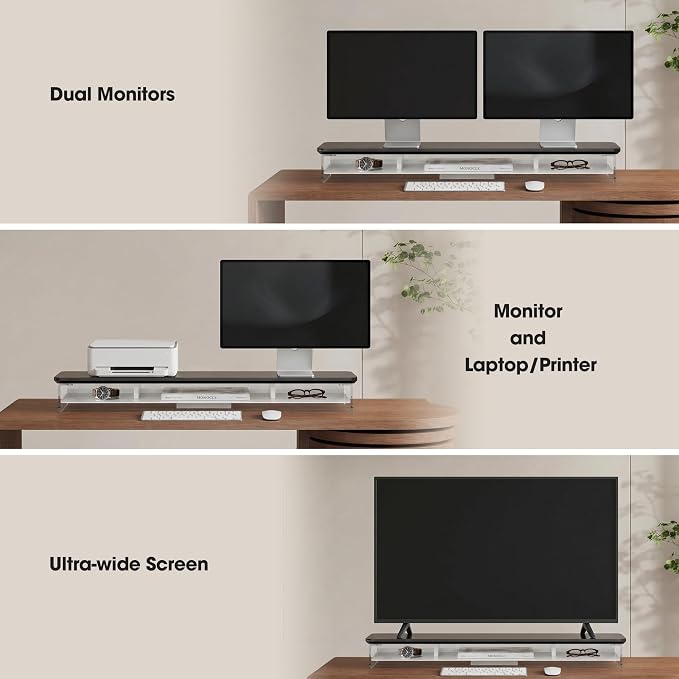 Fenge Acrylic Monitor Stand Riser, 42.5 Inches Dual Monitor Stand with Metal Storage, 2 Tier Acrylic Computer Riser for Desk, Clear Laptop Stand for PC, Laptop, Printer, TV, Black