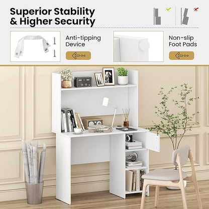 Giantex White Desk with Hutch, Small Computer Desk with Bookshelf & Adjustable Shelf, 2 Cable Holes, Modern Laptop PC Computer Workstation, Study Writing Desk for Small Spaces, Bedroom, Home Office