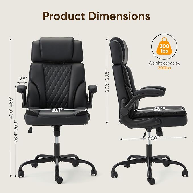 ECOTOUGE Executive Office Chair, Ergonomic Big and Tall Desk Chair with Adjustable Headrest,High PU Leather Comfy Heavy Duty Computer Chair with Padded Flip-up Arm, Black