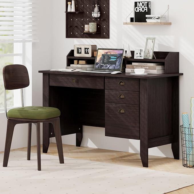48" Computer Desk with 4 Storage Drawers and Hutch Wood Executive Table for PC Laptop