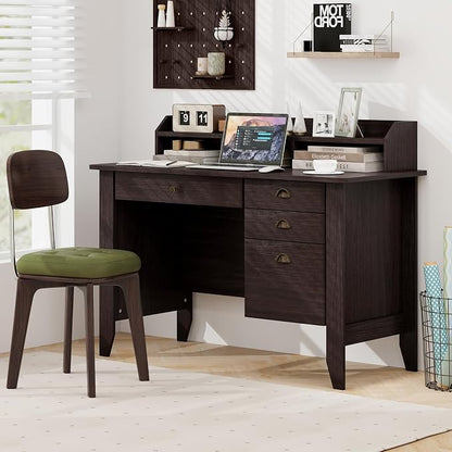 48" Computer Desk with 4 Storage Drawers and Hutch Wood Executive Table for PC Laptop