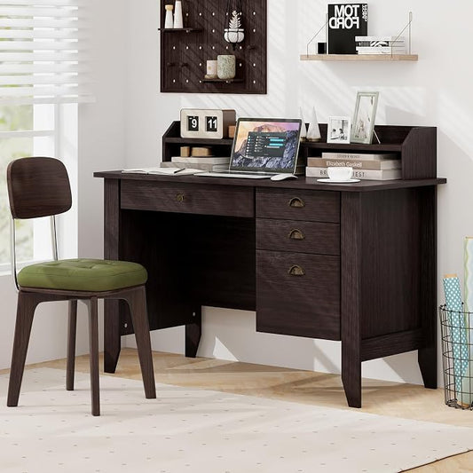 48" Computer Desk with 4 Storage Drawers and Hutch Wood Executive Table for PC Laptop