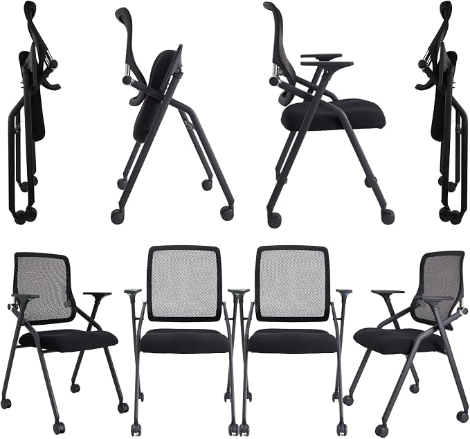 Updated Conference Room Chairs, Folding Office Desk Chair with Lumbar Support and Sliding Armrest with Casters, Stackable Office Guest Chairs & Reception Chairs,8 Pack Black